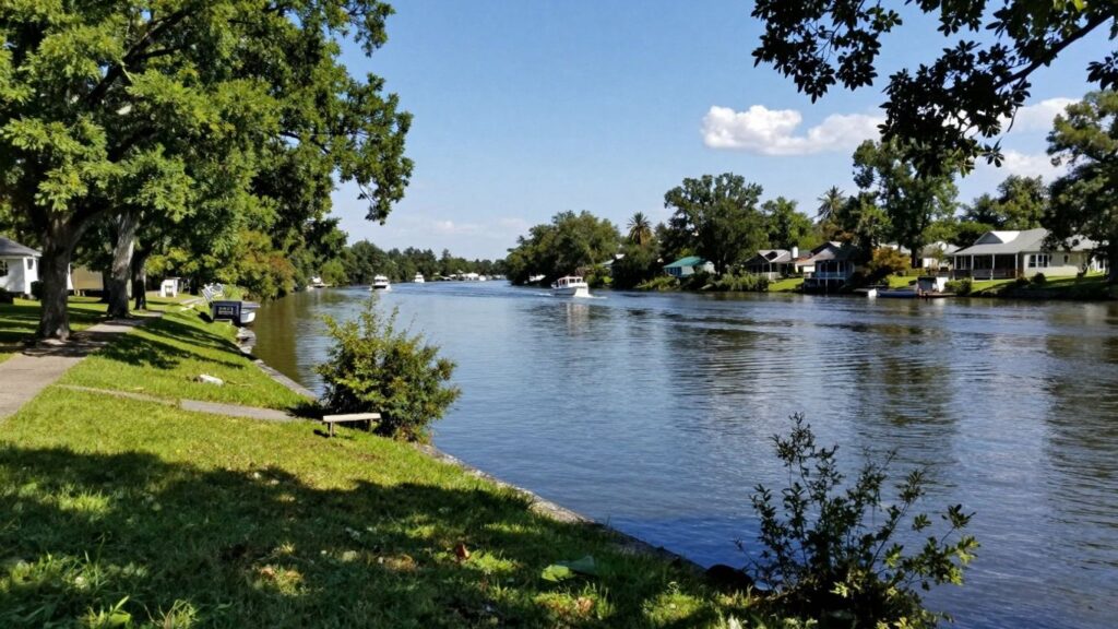 Titusville riverfront with trees, water, and boats.