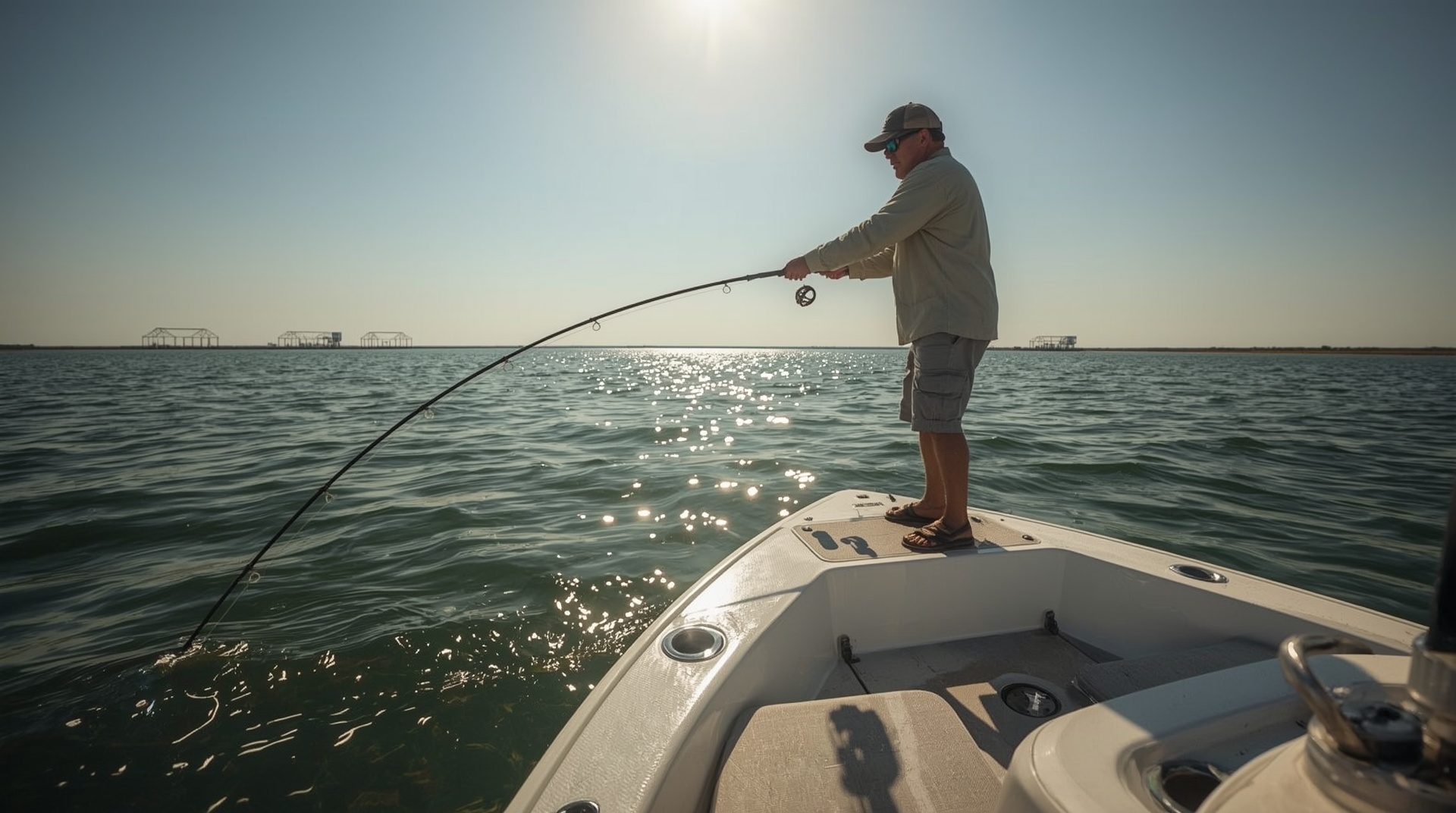 Angler fighting fish on a flats boat on the Indian River Lagoon near Titusville
