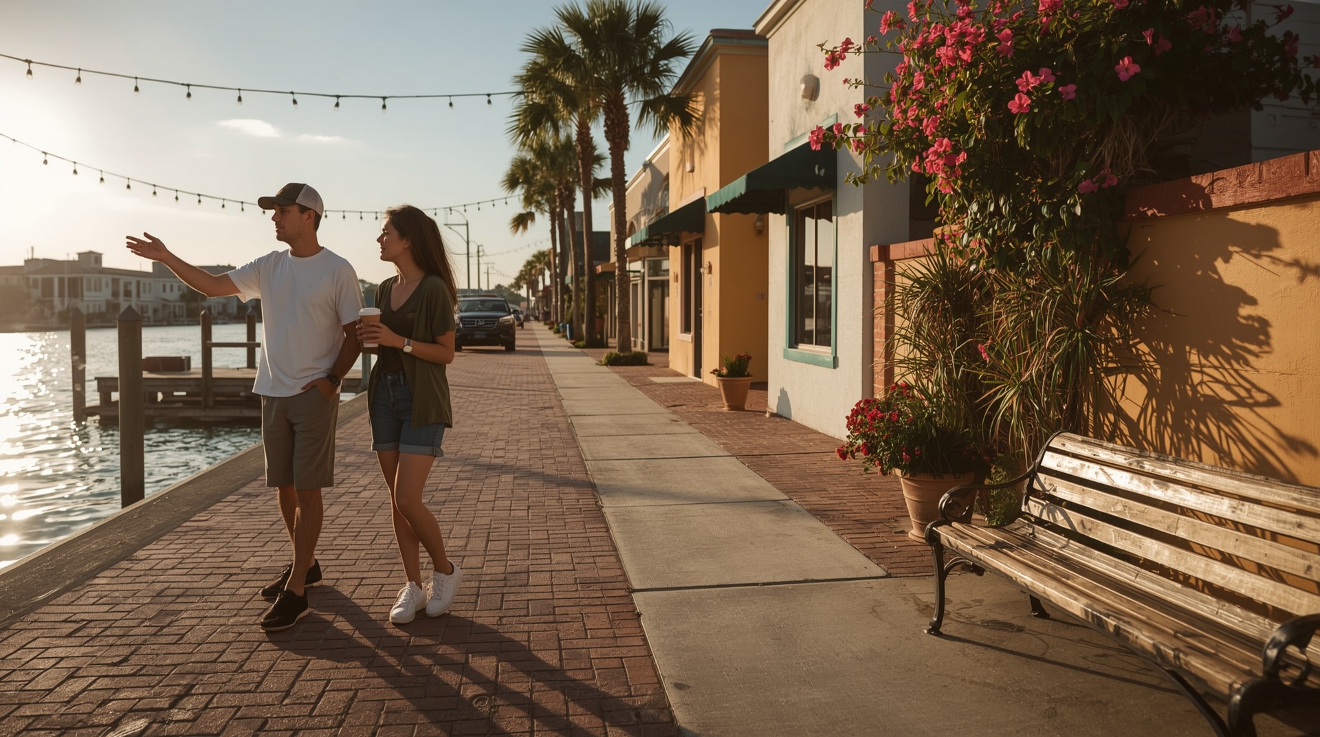 Couple enjoying calm riverfront community life in downtown Titusville Florida