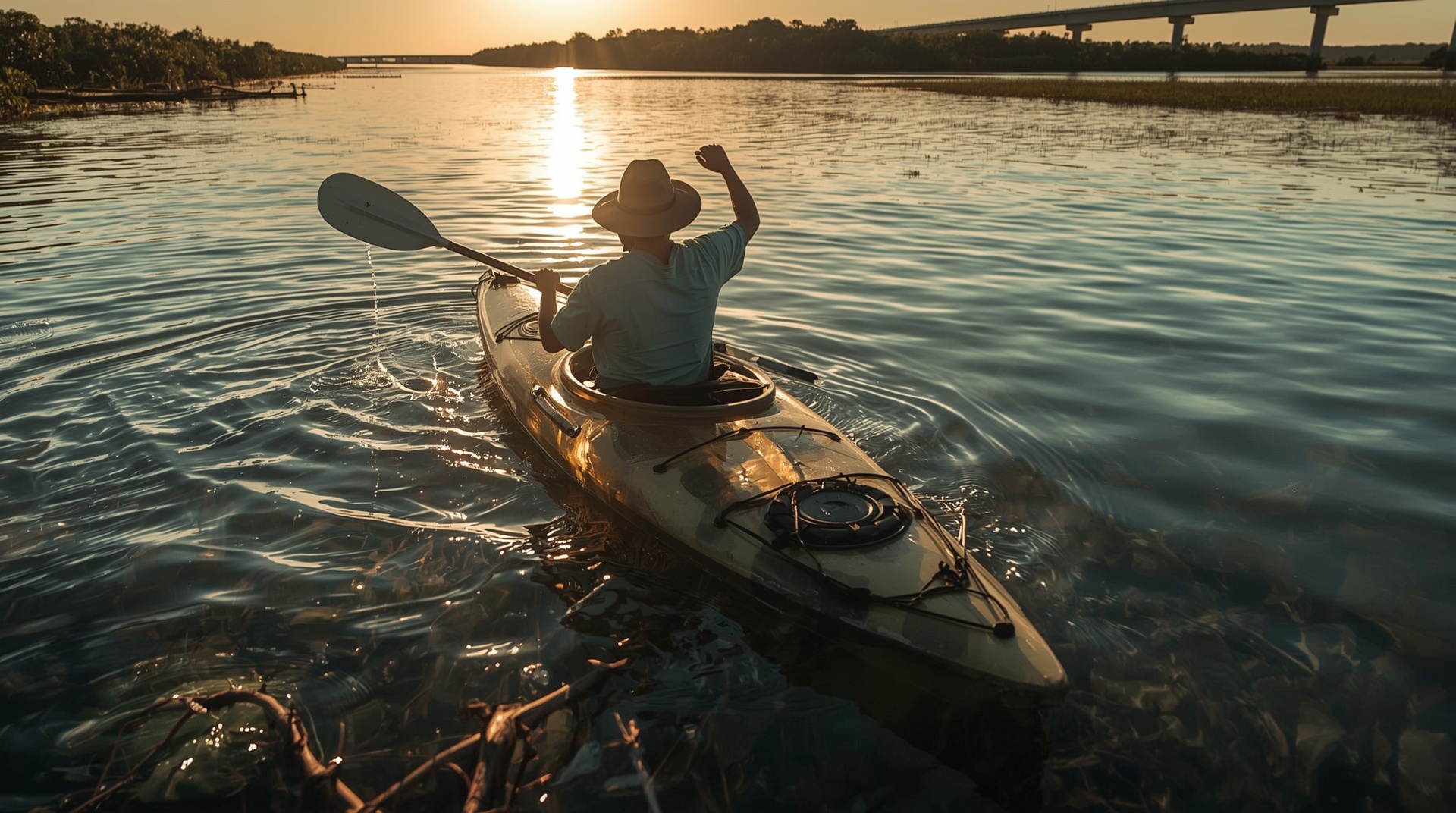 Kayaker paddling on the Indian River Lagoon near Titusville Florida at sunset