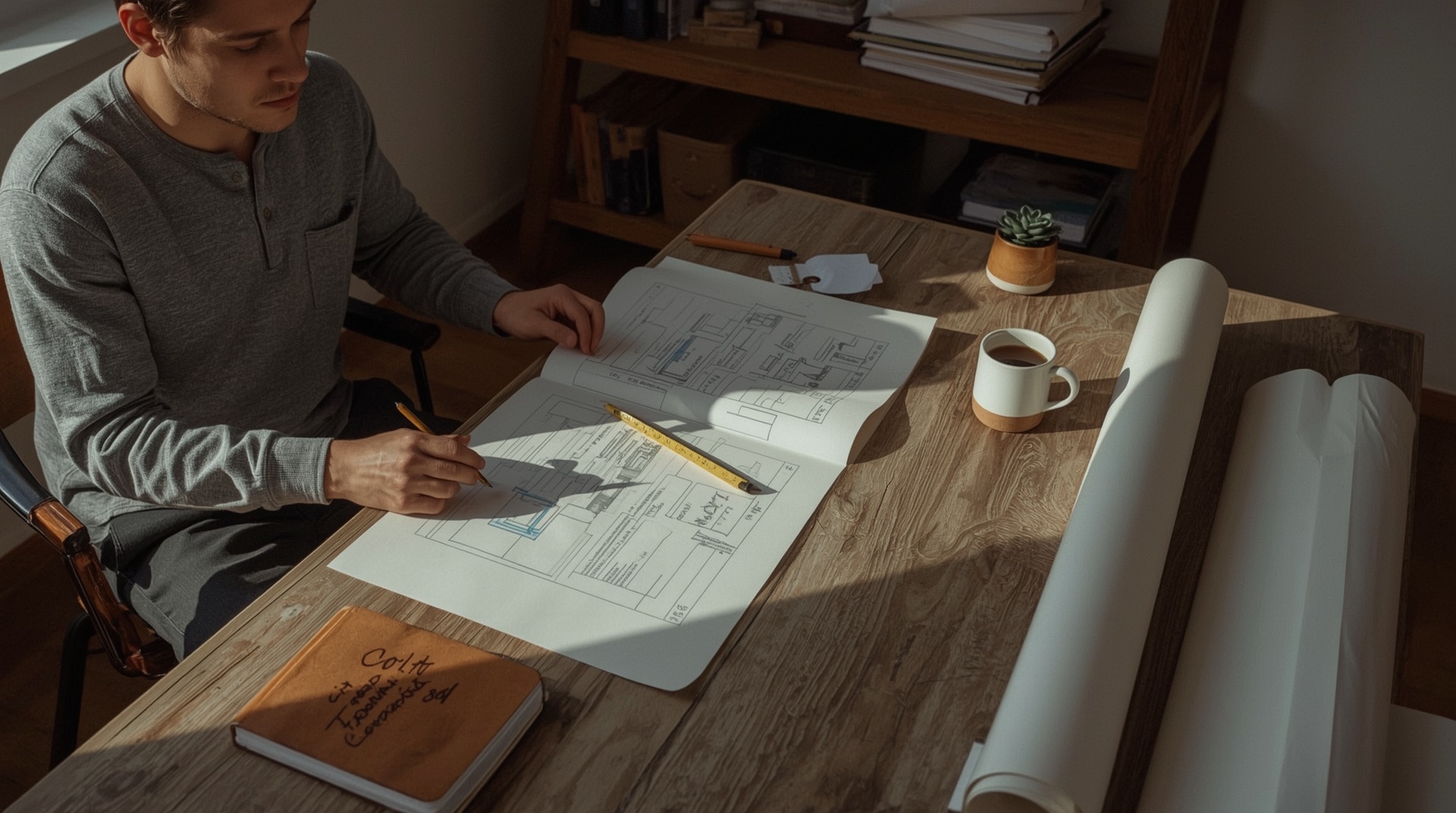Person reviewing land development cost documents and site plans at wooden desk