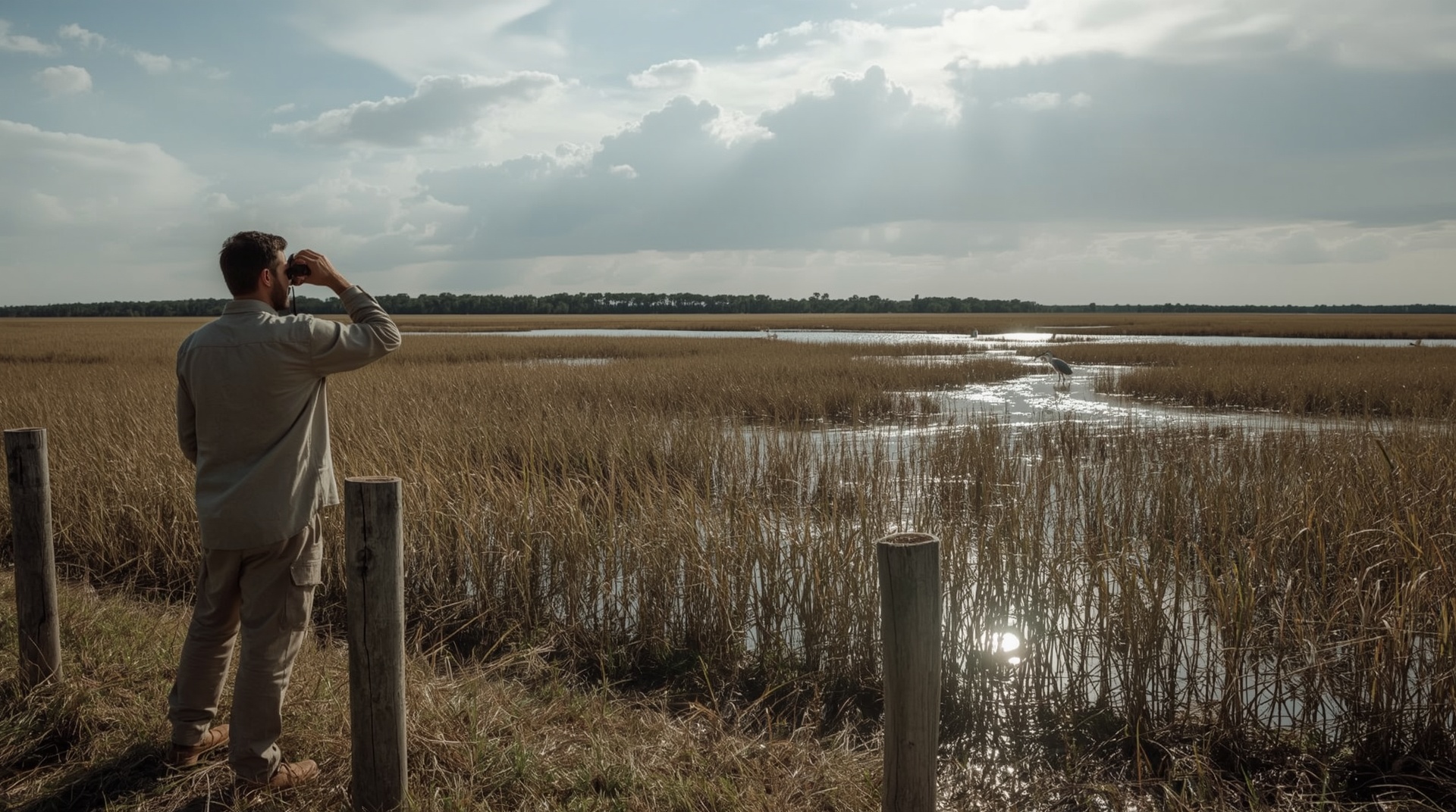 Wildlife watcher observing herons in Merritt Island National Wildlife Refuge marshland
