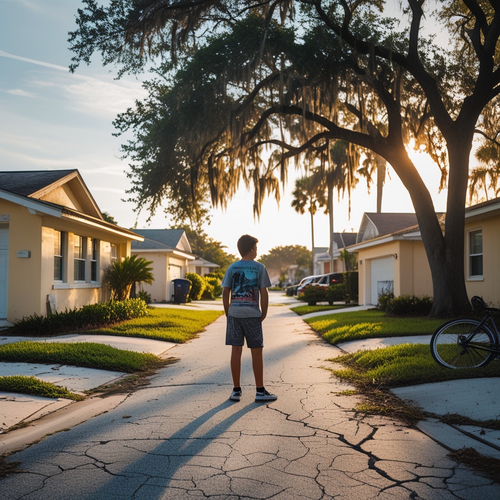 A residential neighborhood street in Titusville showing typical Florida homes near the Indian River.
