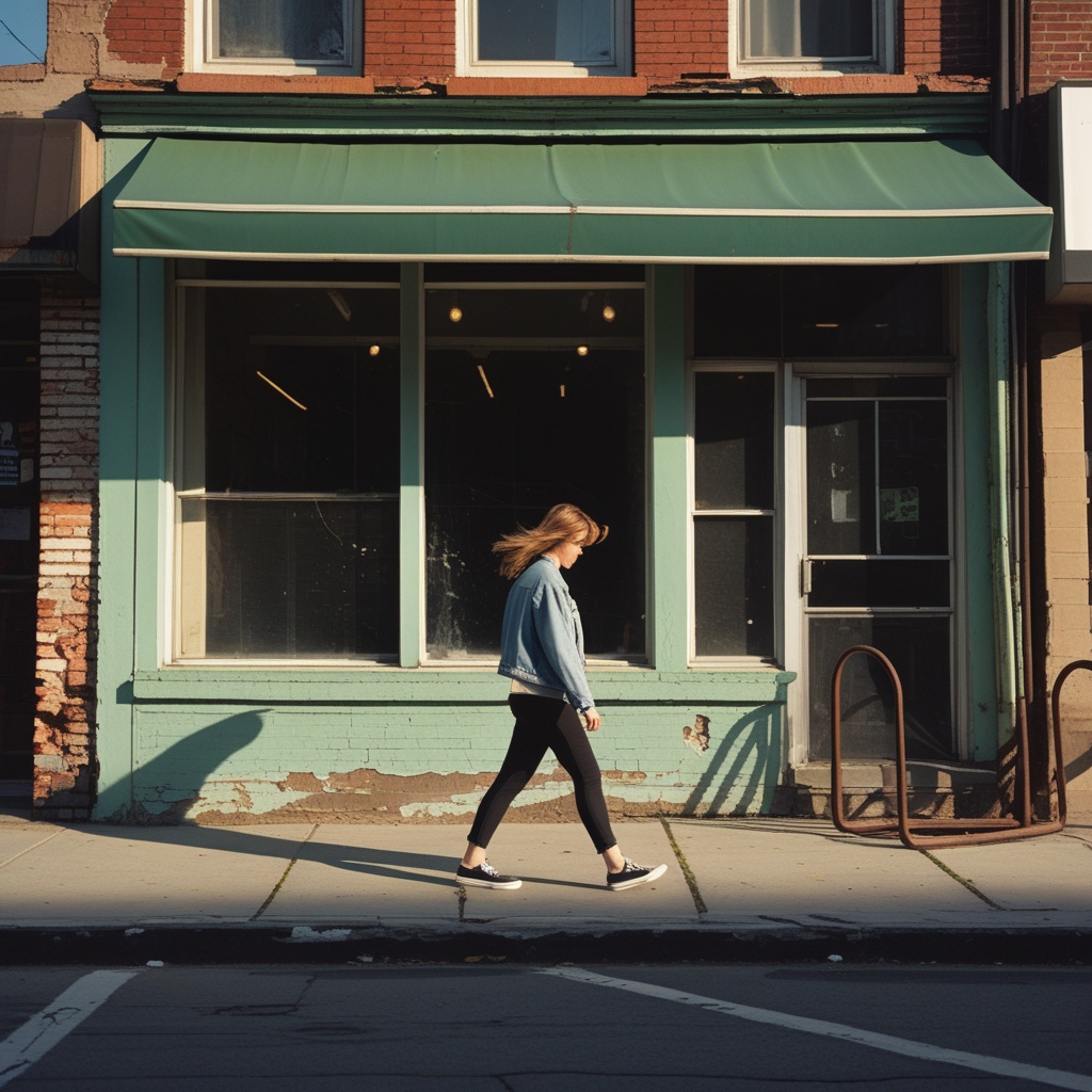 A quiet downtown street scene with a historic storefront..