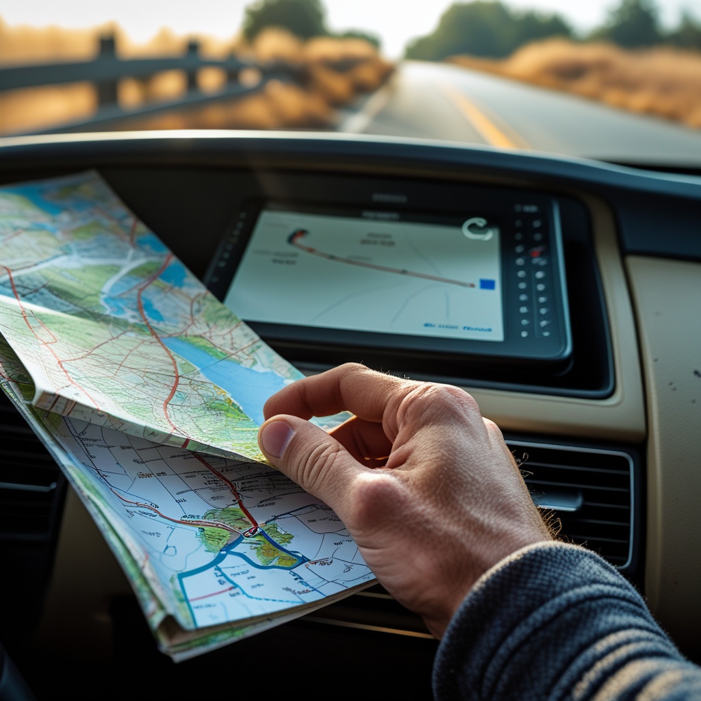 A close-up of a printed road map and a car dashboard GPS screen inside a vehicle..
