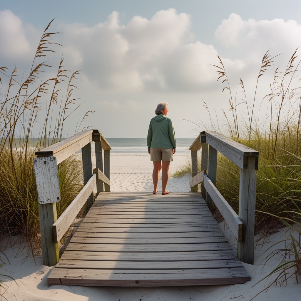 A quiet stretch of Playalinda Beach with dunes and sea oats, showing the undeveloped coastline near Titusville.