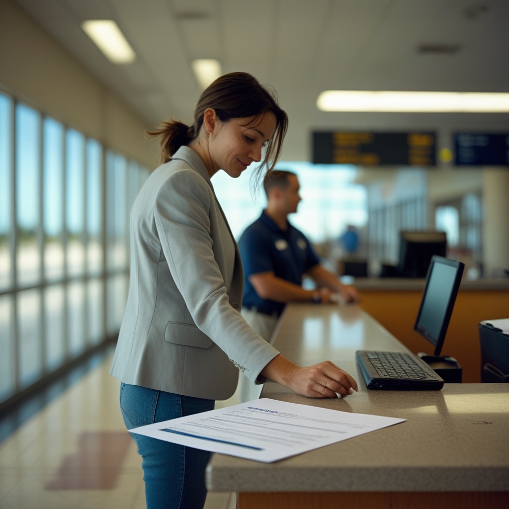 A rental car pickup counter area at an airport with a customer standing near a service desk..