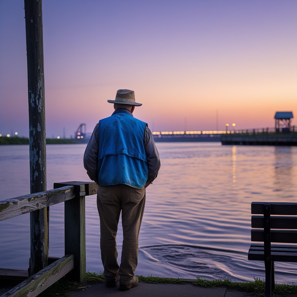 A scenic view of the Indian River in Titusville with the Kennedy Space Center visible across the water at dusk.
