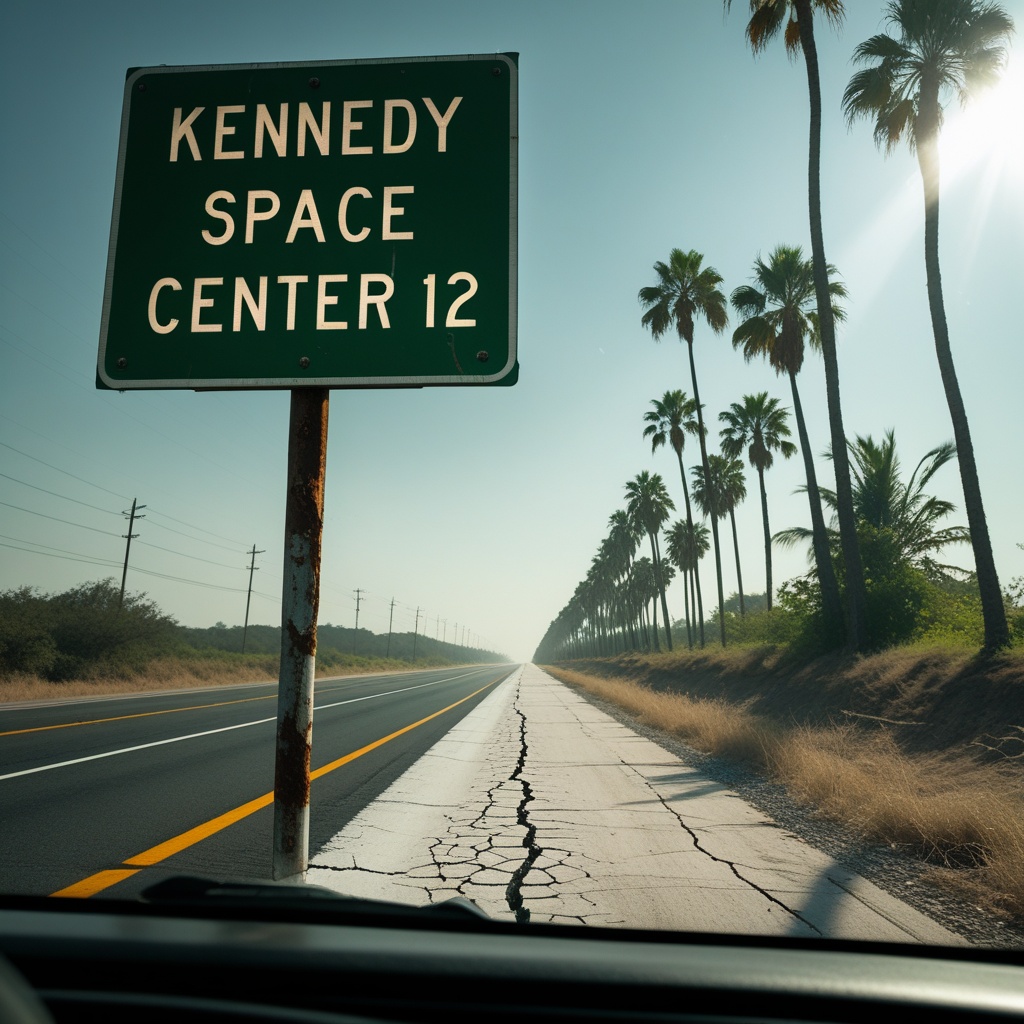 A highway sign showing directional distance markers for Kennedy Space Center along Florida's coastal roads..