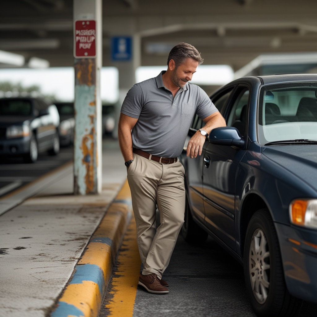 A rideshare driver waiting curbside near the airport arrivals area, showing a real-world pickup scenario.