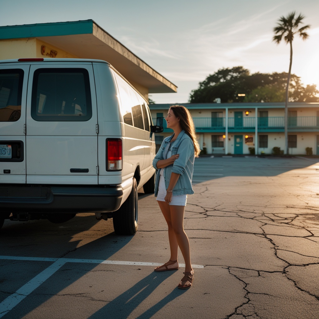 A shuttle van parked outside a modest Titusville motel, representing the arrival end of the trip.