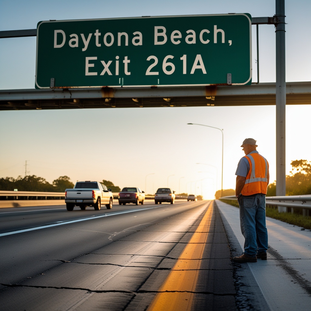 A wide shot of Interstate 95 traffic near a highway exit sign for Daytona Beach during late afternoon.