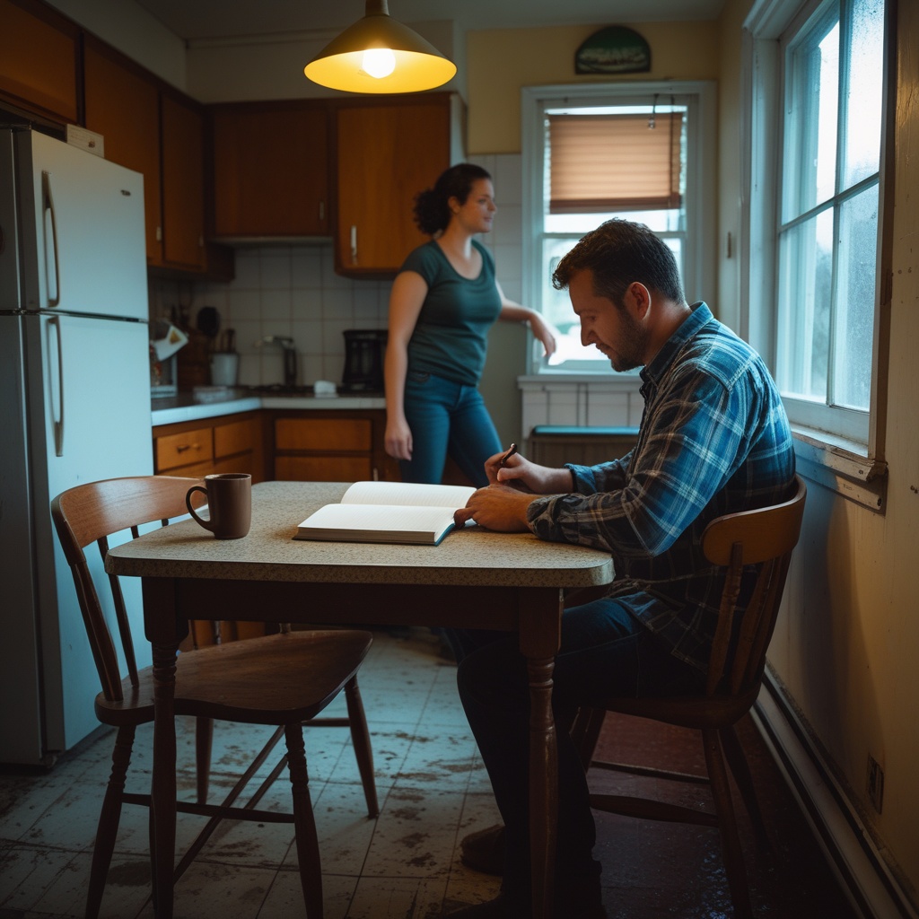 A family sitting at their kitchen table reviewing a household budget in a modest Titusville home.
