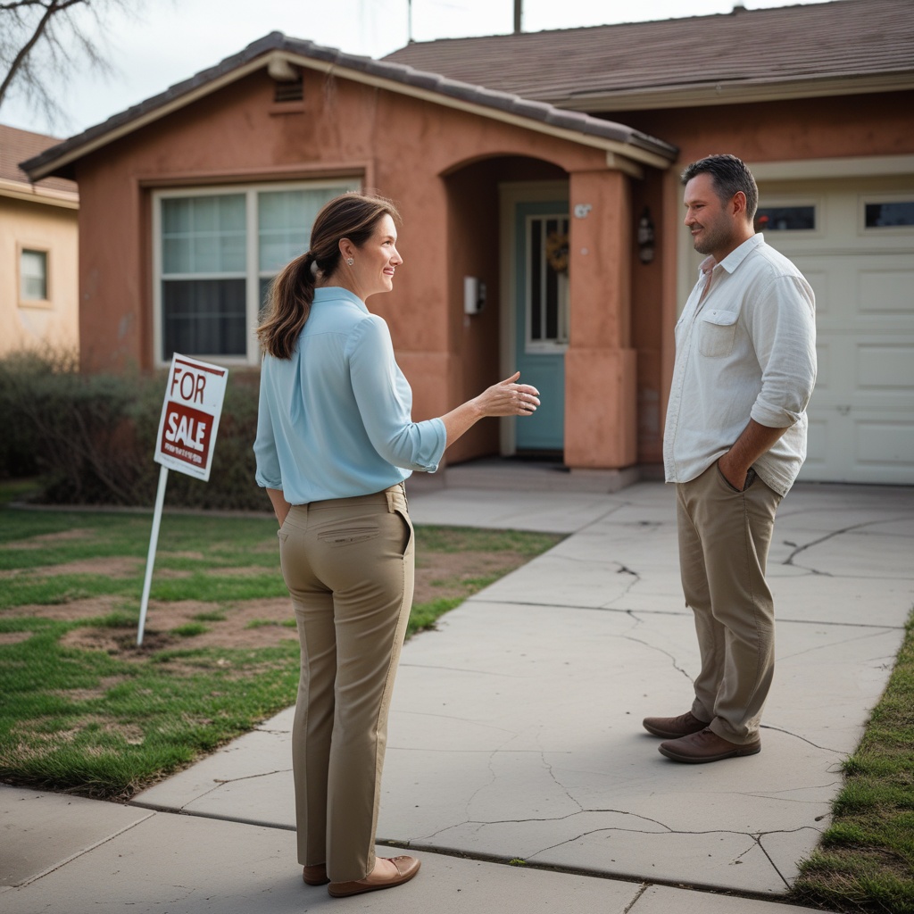 A real estate agent and a couple discussing a home listing outside a house with a for-sale sign.
