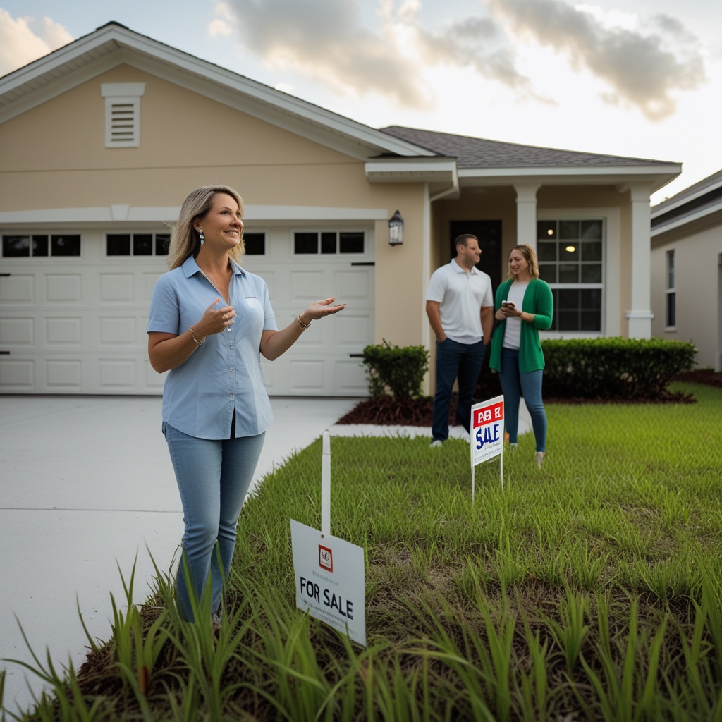 A real estate agent showing a house to a couple in a Titusville subdivision.
