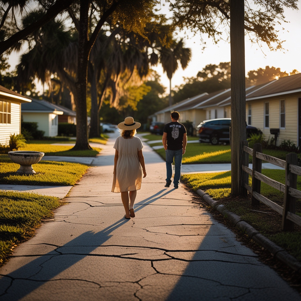 A tree-lined residential neighborhood street in South Titusville during late afternoon.