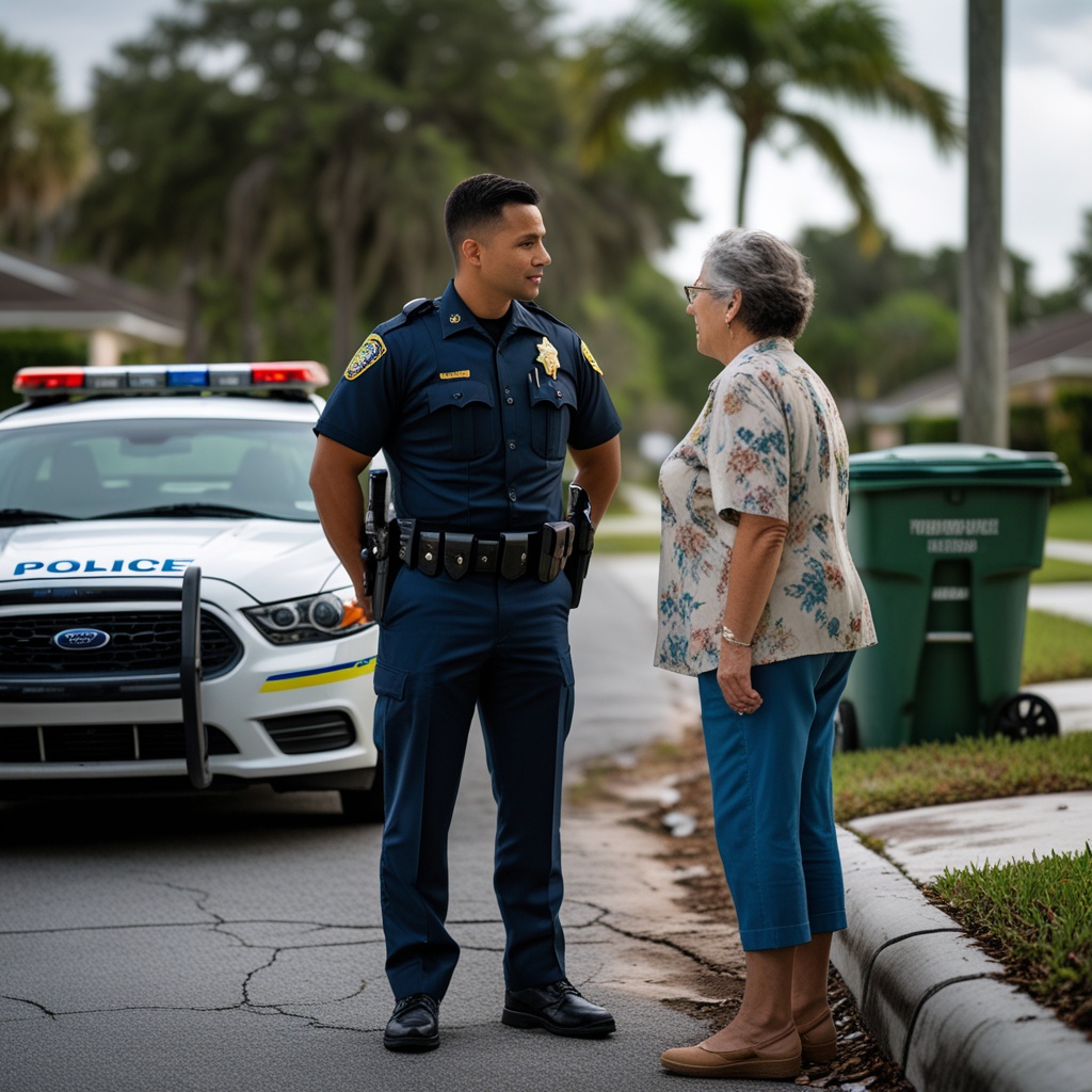 A local police officer speaking with a resident near a patrol car on a Titusville street during daytime.