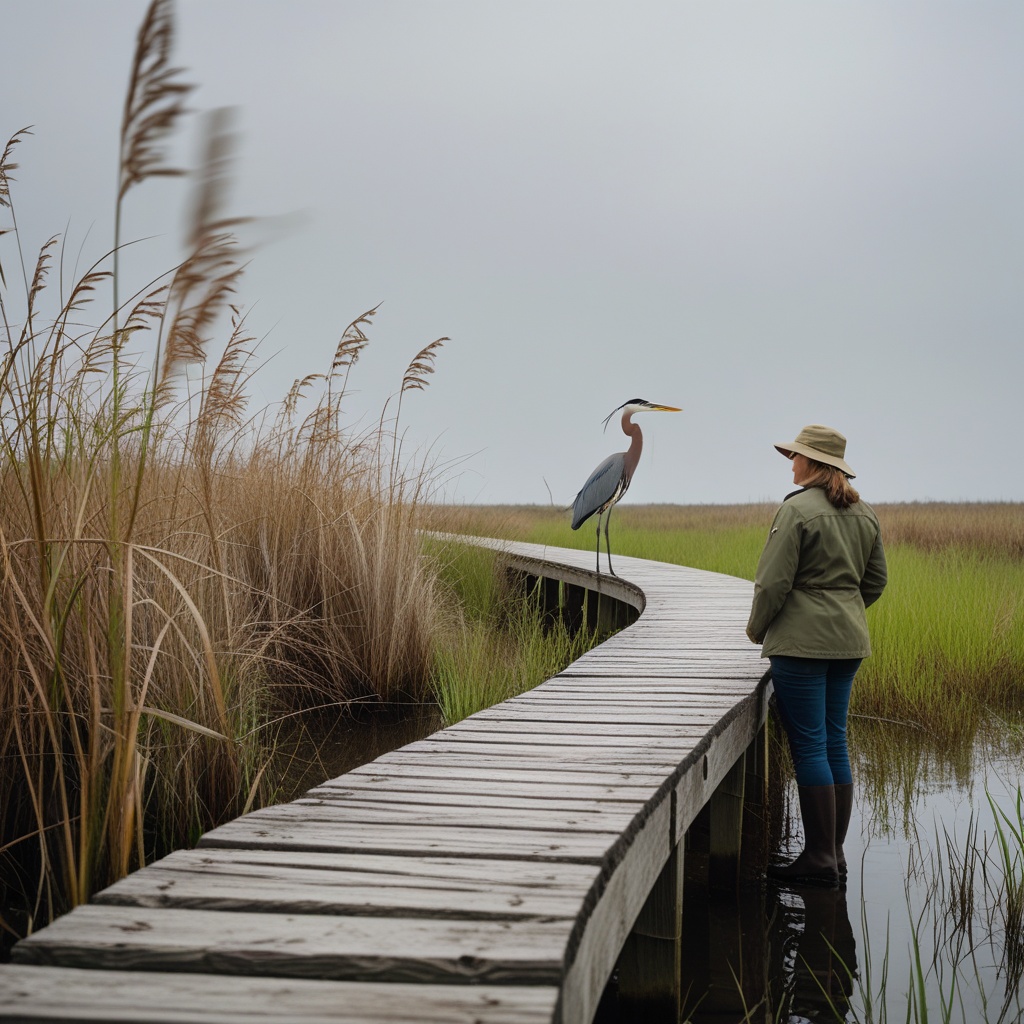 A wooden boardwalk trail winding through wetland marsh at a wildlife refuge with a great blue heron standing in shallow water nearby.