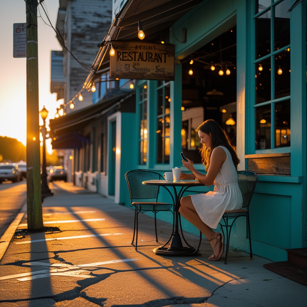 A quiet downtown Titusville street scene with a small local restaurant patio near the marina at golden hour.