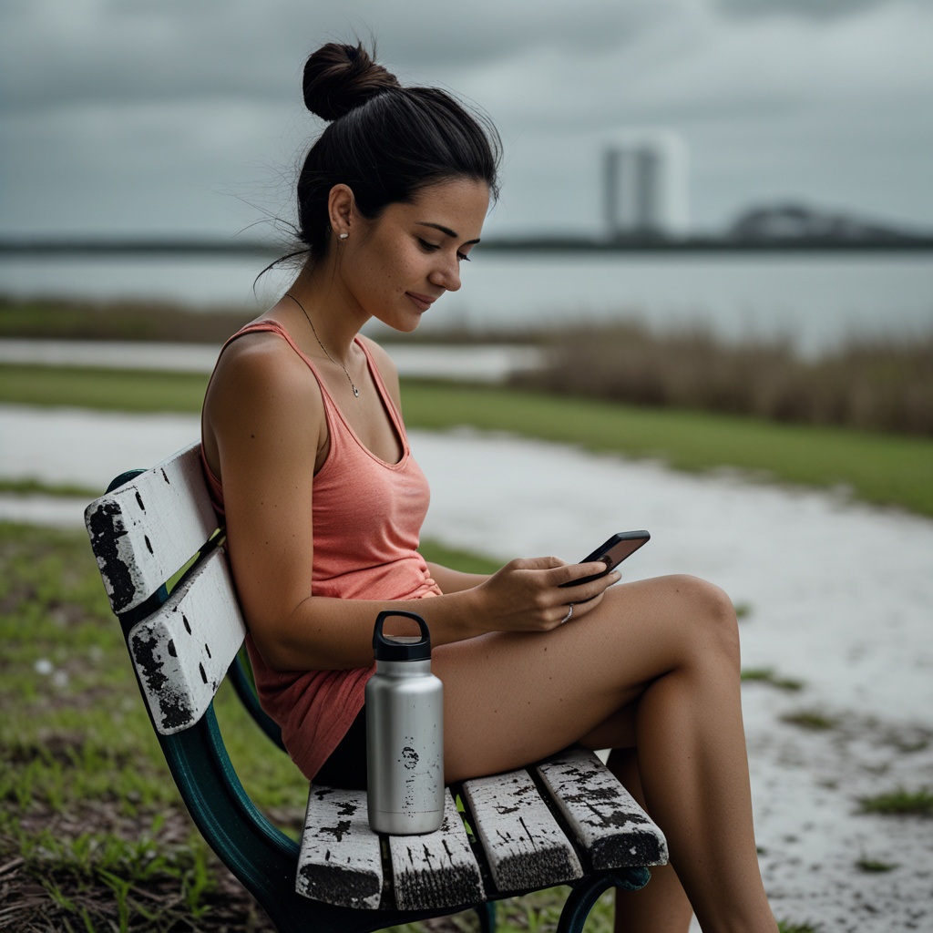 A close-up of a person checking a smartphone launch tracking app while seated on a park bench near the river.