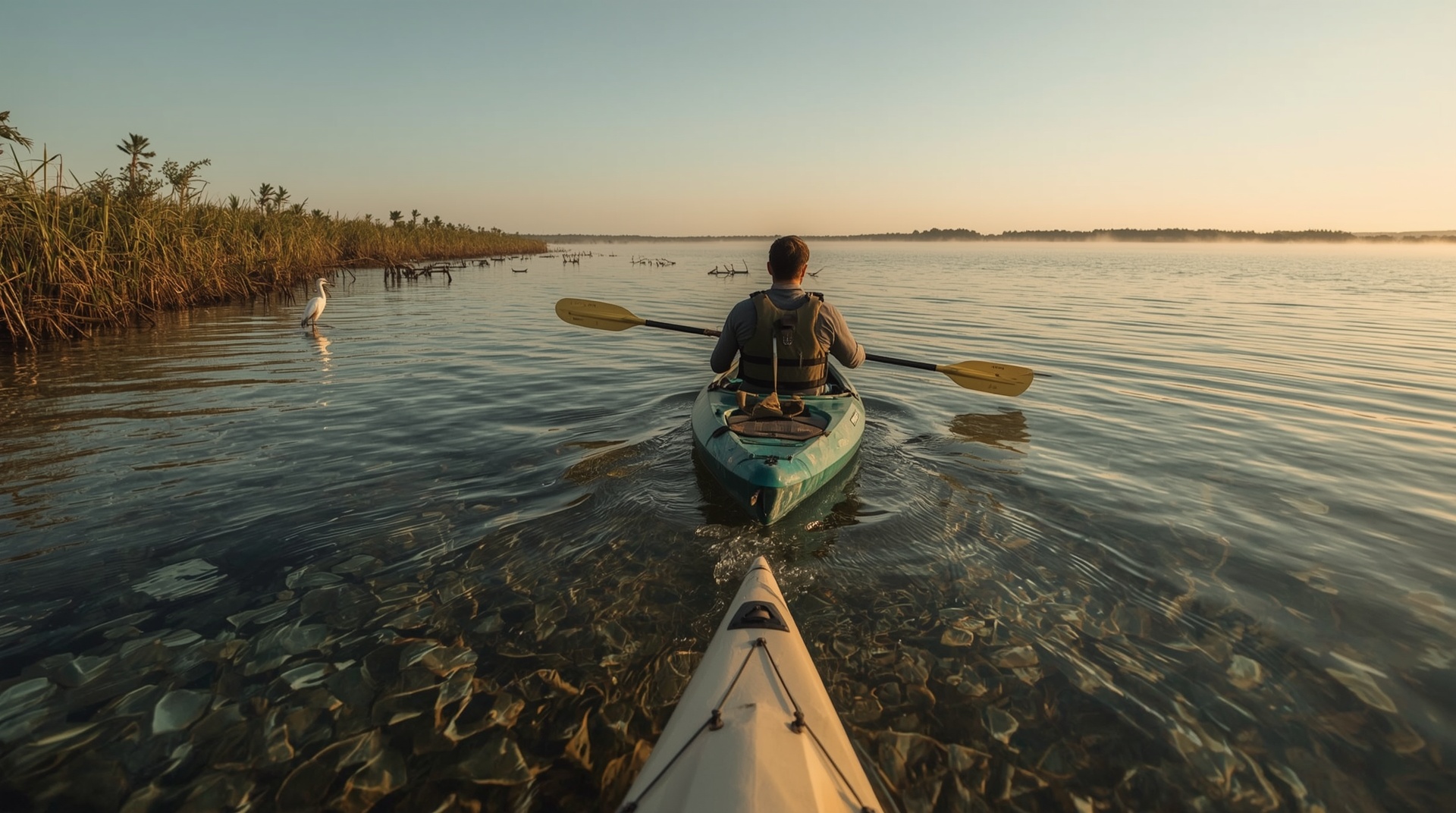 Kayaker paddling through Indian River Lagoon near Titusville Florida at sunrise