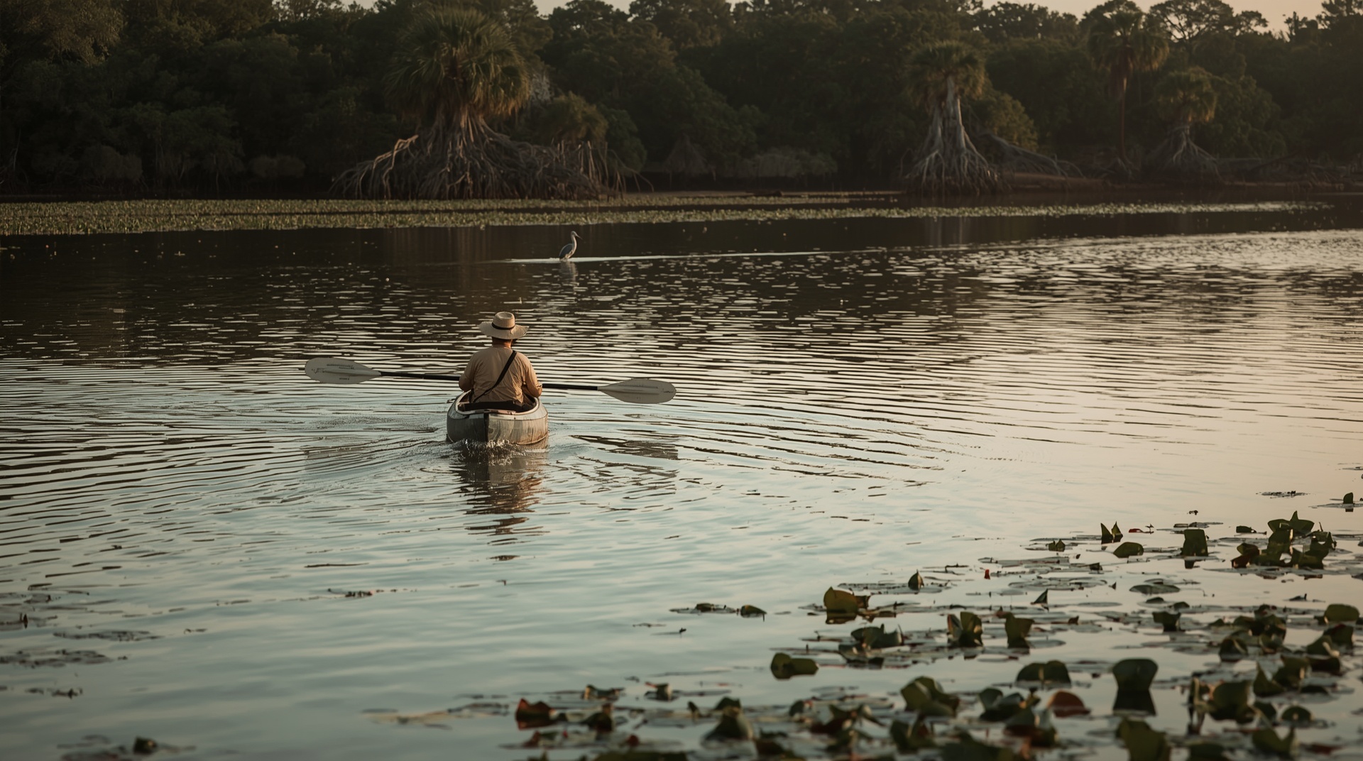 Kayaker paddling through Indian River Lagoon wildlife refuge near Titusville Florida