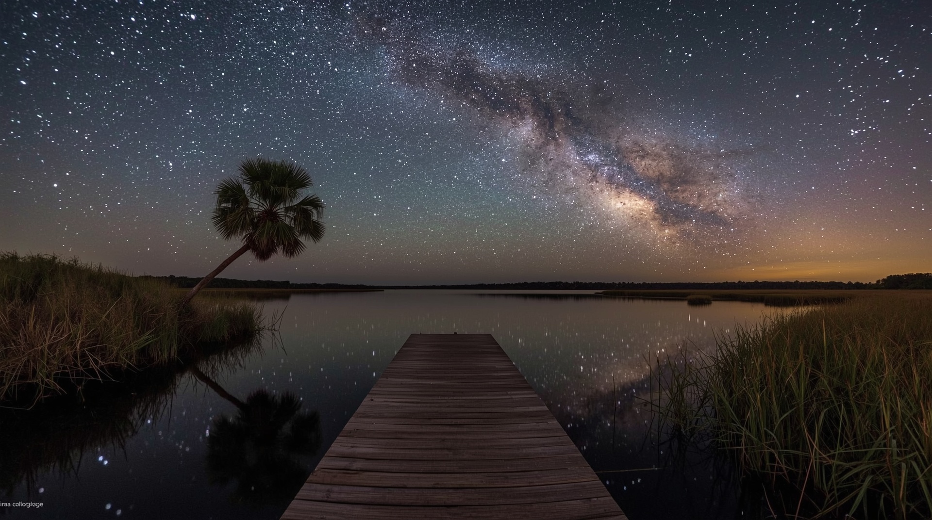 Milky Way reflected over Indian River Lagoon dark sky Titusville Florida night