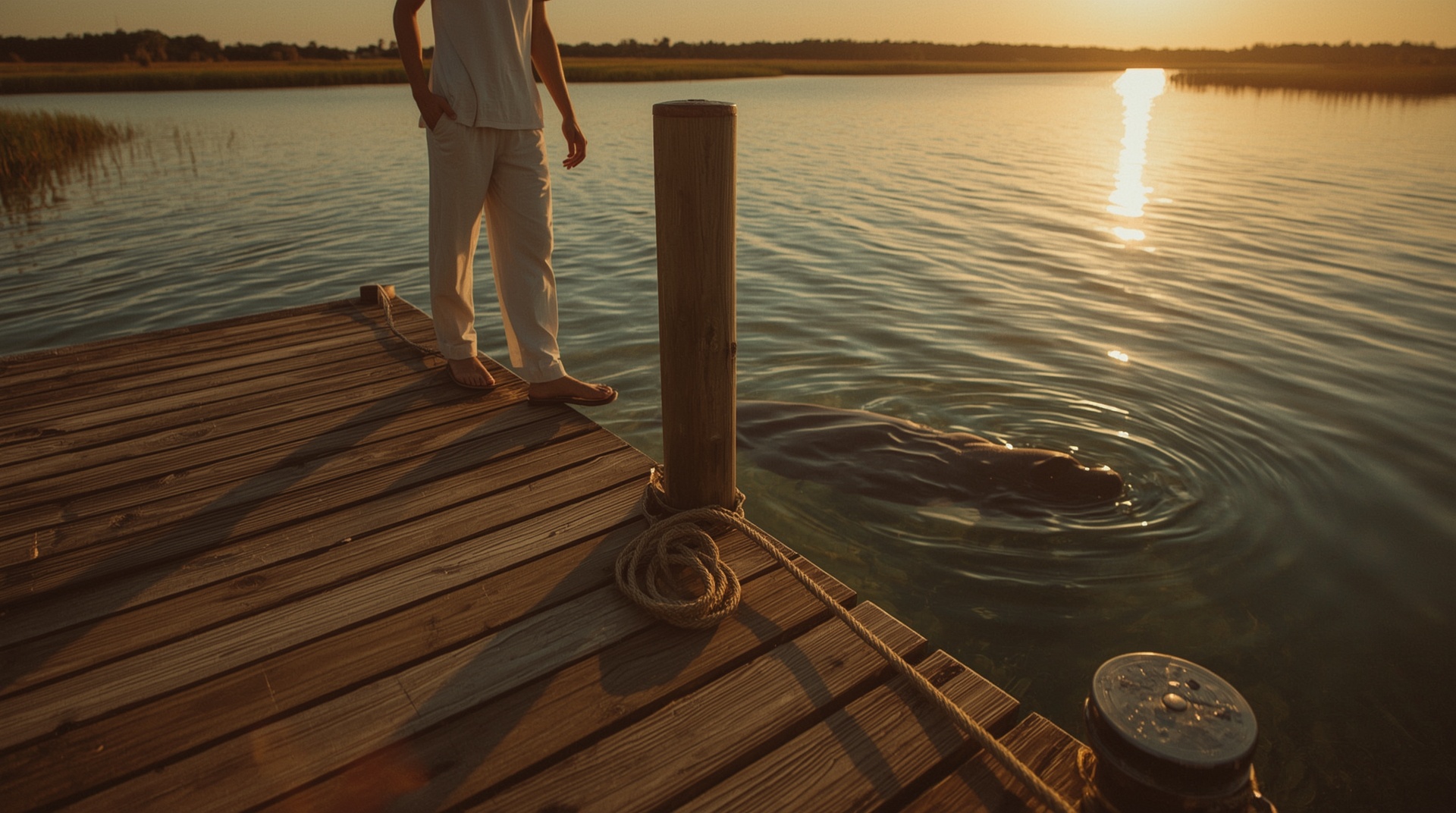 Peaceful riverfront dock at golden hour on Florida Indian River Lagoon near Titusville