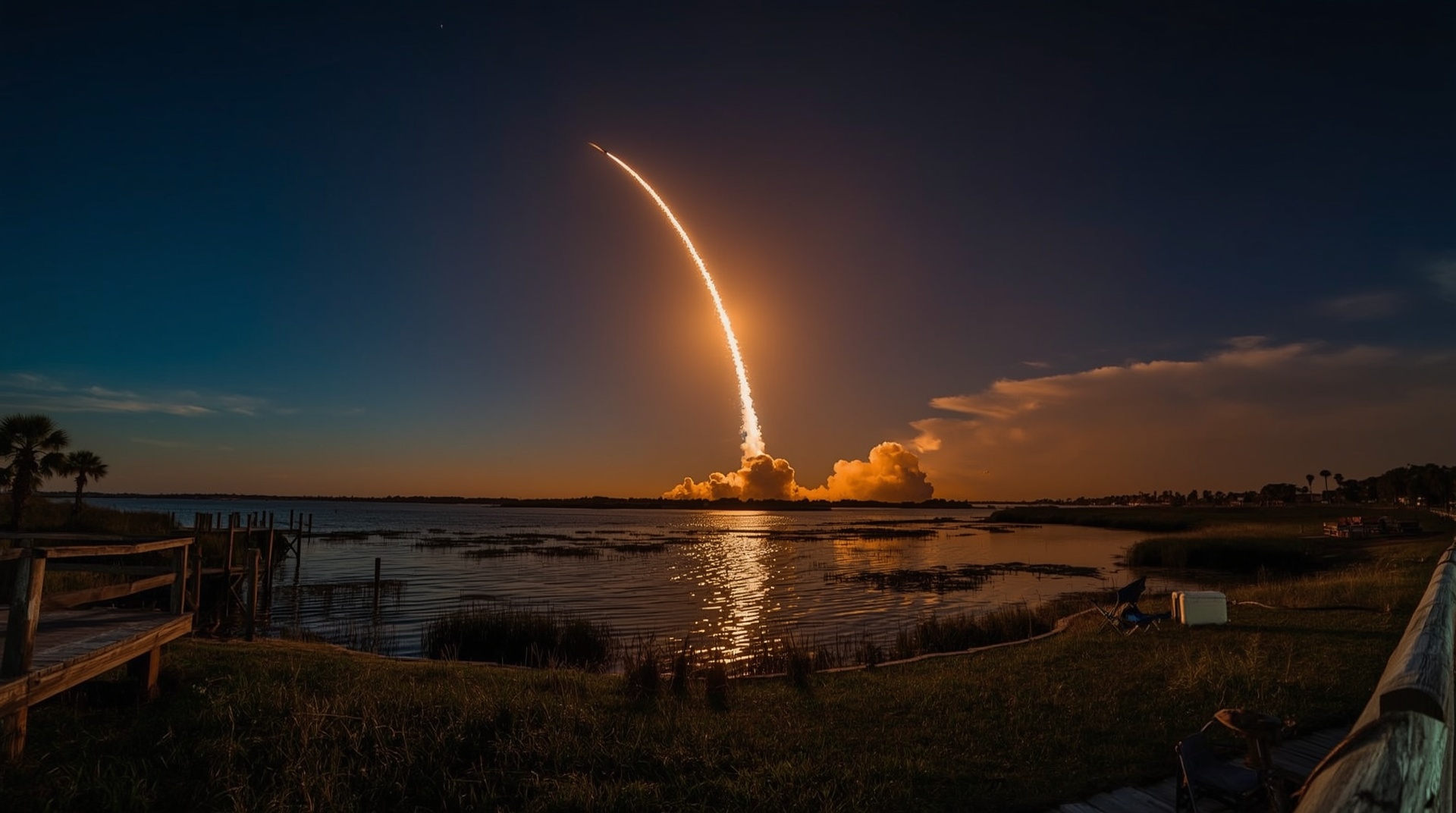 Rocket launch viewed from Titusville Florida Indian River waterfront at dusk