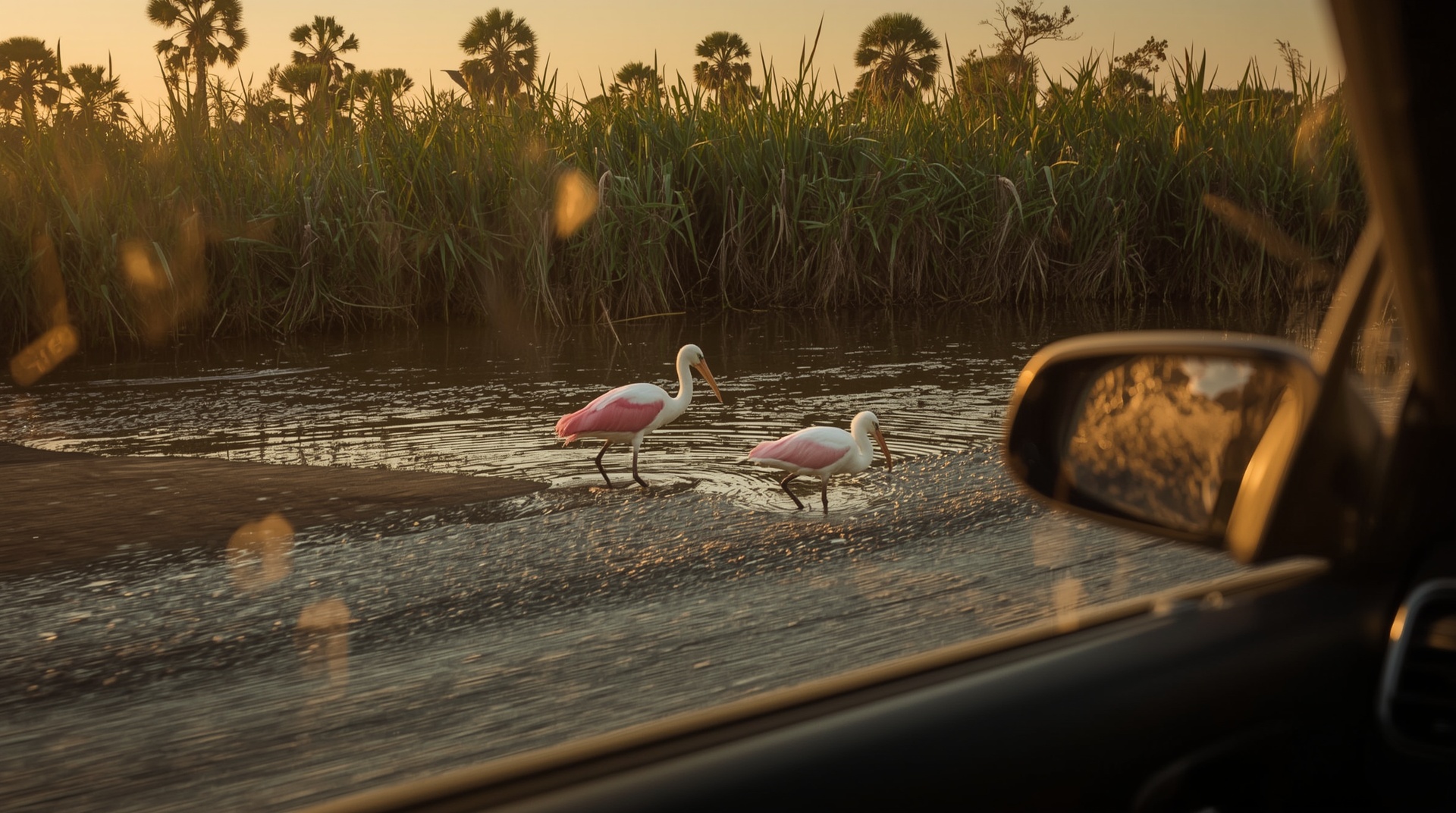 Roseate spoonbill and alligator along Merritt Island National Wildlife Refuge drive Florida