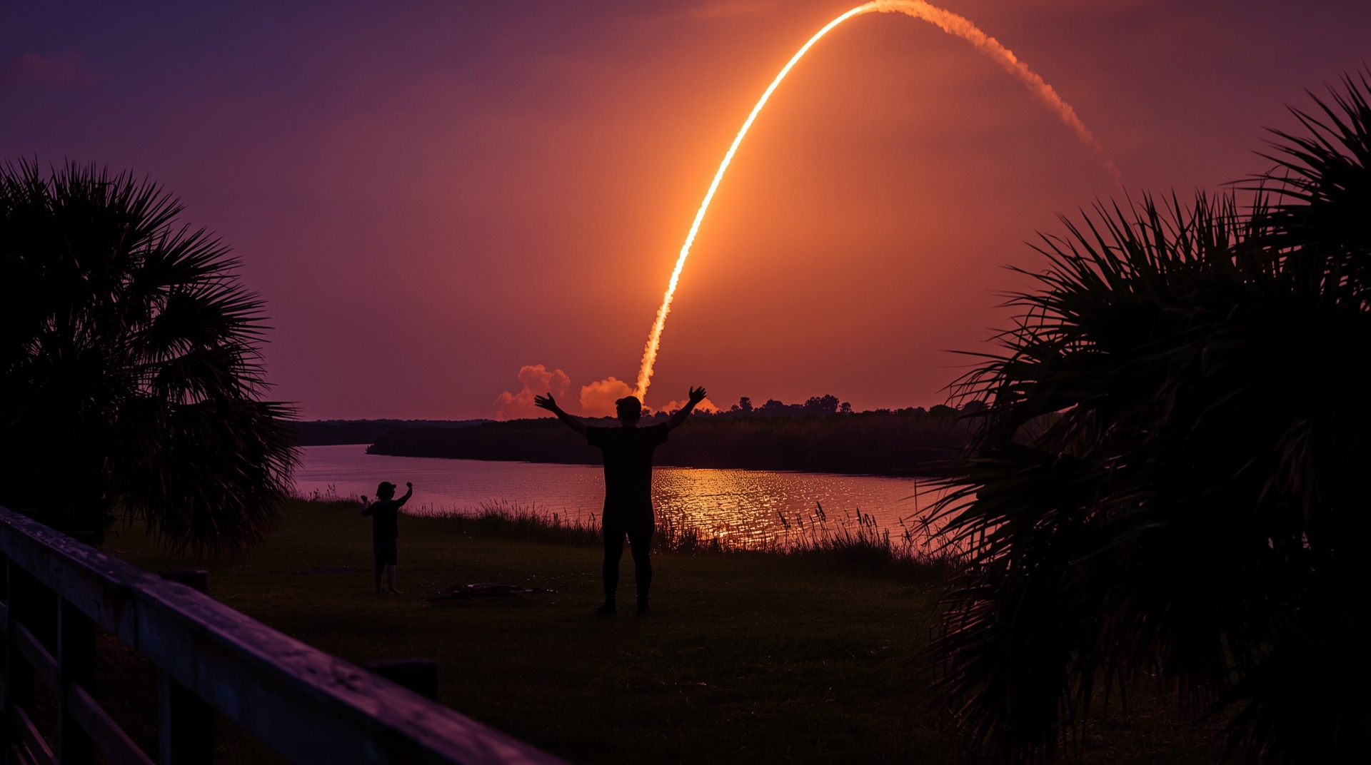 Two people watching a rocket launch over the Indian River at twilight near Titusville